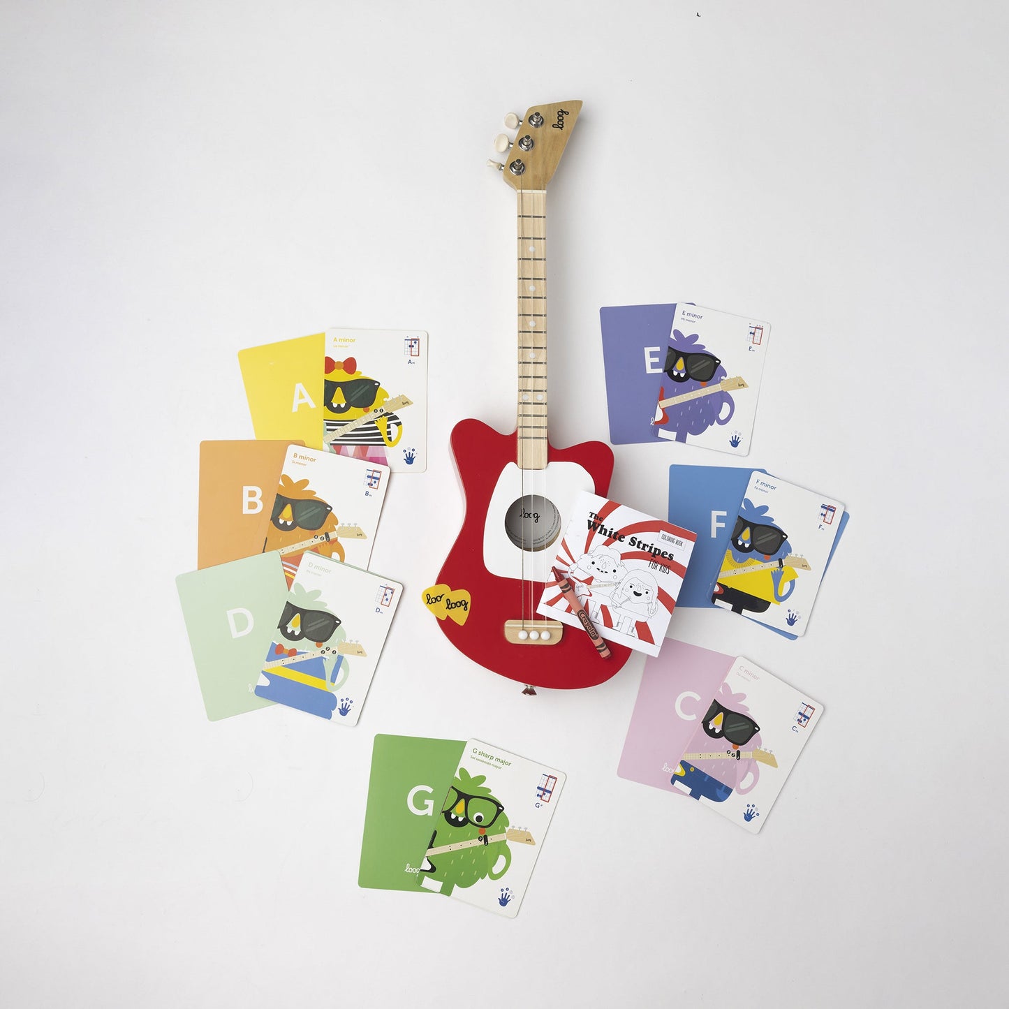 This limited edition of our beloved Loog Mini sports the White Stripes' peppermint logo in the back of the guitar body, comes with a "White Stripes for Kids" coloring book, chord flashcards and app access. We even include a red crayon! 🖍️