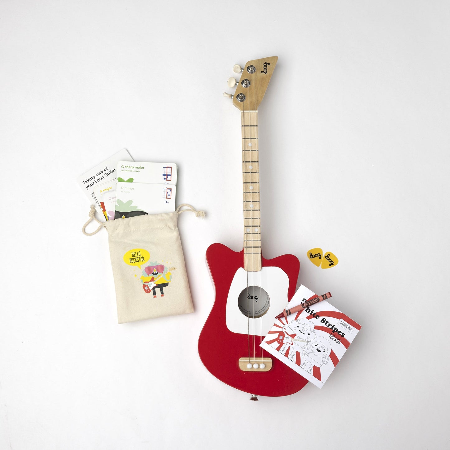 This limited edition of our beloved Loog Mini sports the White Stripes' peppermint logo in the back of the guitar body, comes with a "White Stripes for Kids" coloring book, chord flashcards and app access. We even include a red crayon! 🖍️